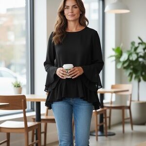 Chicos Asym Elegant Black Flowy ChiffonBlouse Large NWOT